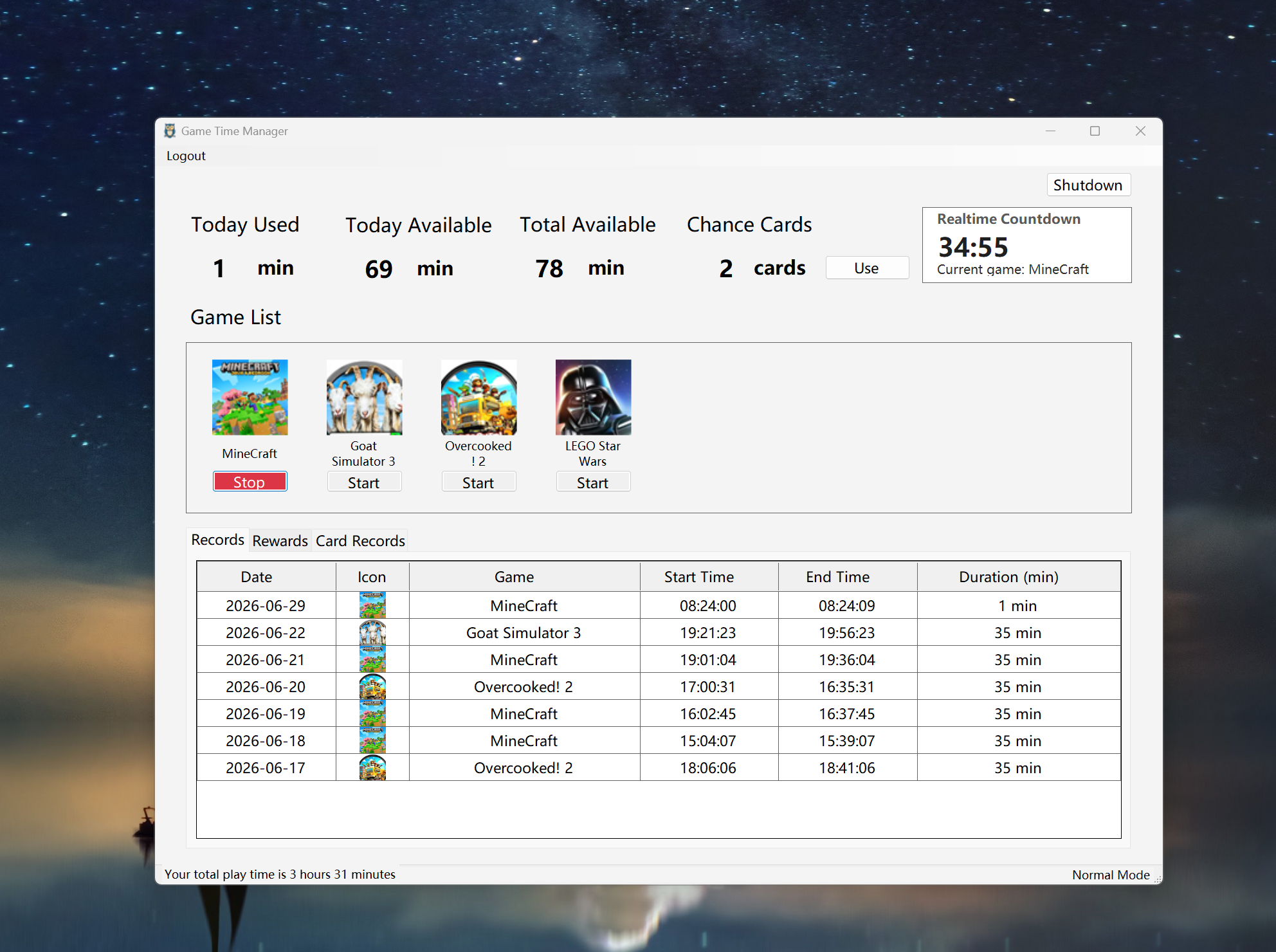 pliddo app dashboard showing a countdown timer, game list, and playtime records
